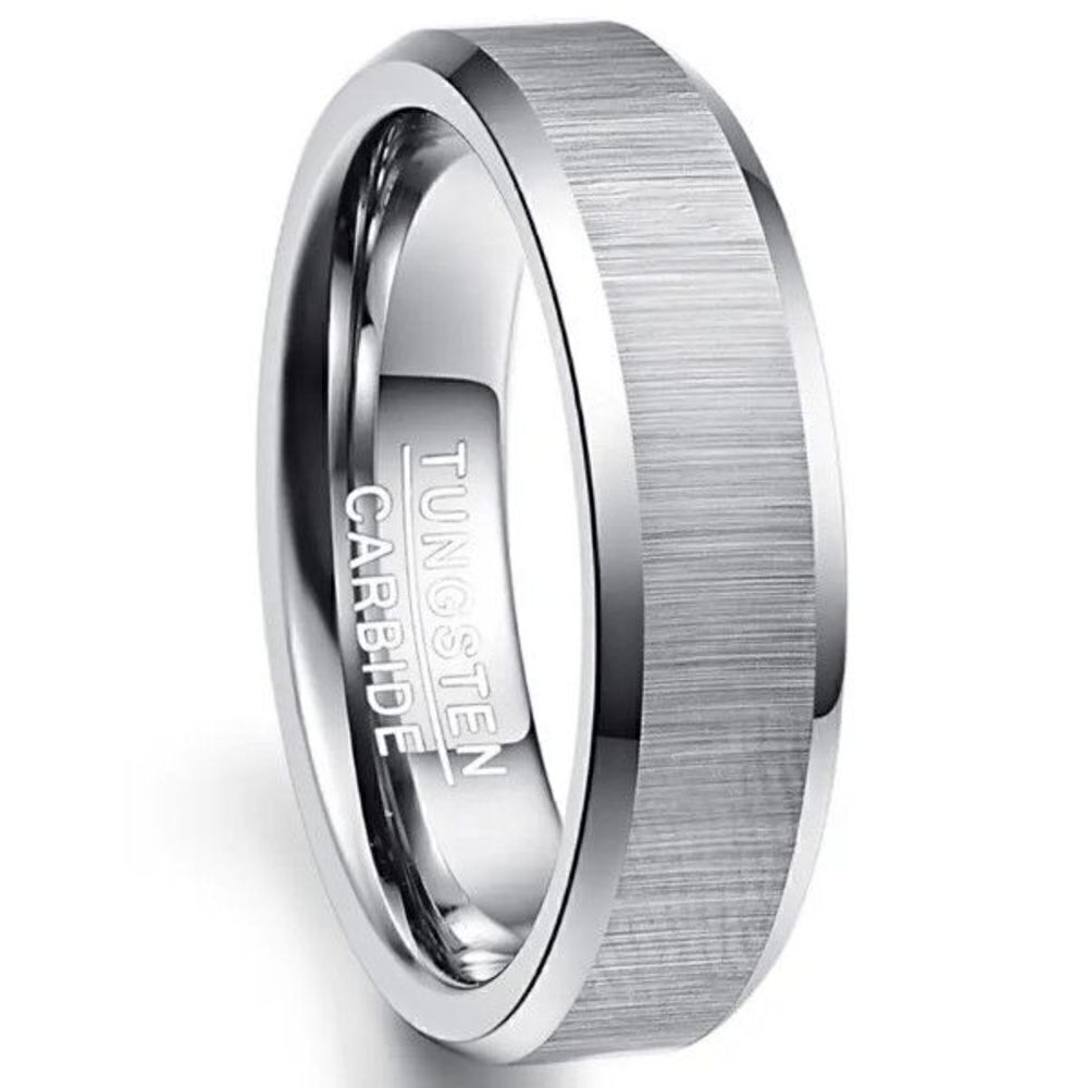 Tungsten Carbide Men's Matte Finished Silver Edged Wedding Band Ring
